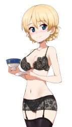 Rule 34 | 1girl, black bra, black garter belt, black panties, black thighhighs, blonde hair, blue eyes, blush, bra, braid, breasts, cleavage, collarbone, commission, cup, darjeeling (girls und panzer), garter belt, girls und panzer, groin, hair between eyes, holding, holding cup, holding saucer, kayabakoro, lace, lace bra, lace panties, large breasts, looking at viewer, navel, panties, pixiv commission, saucer, simple background, smile, solo, split mouth, standing, stomach, teacup, thighhighs, thighs, twin braids, underwear, underwear only, white background