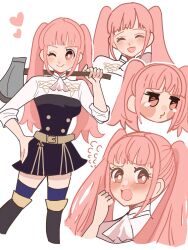 Rule 34 | 1girl, axe, blunt bangs, blush, chimney (chimney0311), closed eyes, commentary request, embarrassed, female focus, fire emblem, fire emblem: three houses, garreg mach monastery uniform, heart, highres, hilda valentine goneril, holding, holding axe, holding weapon, matching hair/eyes, multiple views, nintendo, one eye closed, pink eyes, pink hair, pout, simple background, smile, twintails, weapon, white background, wink