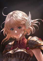 Rule 34 | 1girl, armor, artist name, aztodeus, aztodio, black background, blonde hair, blouse, breastplate, earrings, feather hair ornament, feathers, fire emblem, fire emblem: thracia 776, green eyes, hair ornament, highres, jewelry, lips, nanna (fire emblem), nintendo, pink shirt, portrait, shirt, short hair, smile, solo
