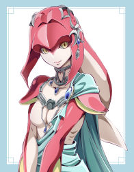 Rule 34 | 1girl, bad id, bad pixiv id, breasts, closed mouth, colored skin, crescent, fish girl, gem, gills, highres, jewelry, looking at viewer, mipha, monster girl, multicolored skin, neck ring, ngv3553, nintendo, no eyebrows, no nipples, no nose, red skin, small breasts, smile, solo, the legend of zelda, the legend of zelda: breath of the wild, two-tone skin, upper body, v arms, white skin, yellow eyes, zora