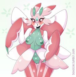 Rule 34 | 1girl, antennae, arthropod girl, artist name, black eyes, blush, boxollie, breasts, collarbone, colored sclera, creatures (company), female focus, furry, furry female, game freak, gen 7 pokemon, hands up, heart, highres, large breasts, looking up, lurantis, nintendo, nipples, open mouth, pink sclera, pinstripe pattern, pokemon, pokemon (creature), pokemon sm, shiny skin, simple background, solo, standing, striped, text focus, watermark, web address, white background