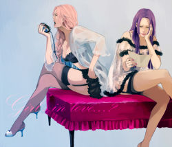 Rule 34 | 2girls, alternate costume, amazon warrior, ass, boa hancock, breasts, cleavage, garter straps, high heels, hina (one piece), legs, lingerie, lips, long hair, multiple girls, nail polish, one piece, otonai, pink hair, purple hair, red upholstery, shoes, thighhighs, timidbunny, underwear, white footwear