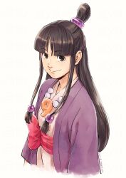 Rule 34 | 1girl, ace attorney, black eyes, black hair, blunt bangs, closed mouth, commentary request, cropped torso, hair ornament, half updo, hanten (clothes), jacket, japanese clothes, jewelry, kimono, long hair, long sleeves, looking at viewer, magatama, magatama necklace, maya fey, necklace, parted bangs, purple jacket, red sash, sash, sidelocks, smile, solo, taba (tb gya), upper body, white background, white kimono