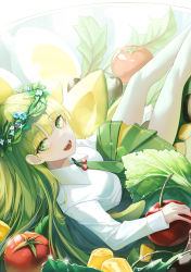 Rule 34 | 1girl, absurdres, blue flower, breasts, collared shirt, commentary, feet out of frame, flower, flower wreath, food request, from above, from behind, green eyes, green hair, green necktie, green skirt, h2o (dfo), head wreath, highres, long hair, looking at viewer, looking back, looking up, necktie, original, pantyhose, pleated skirt, salad, school uniform, shirt, sitting, skirt, small breasts, solo, symbol-only commentary, tomato, very long hair, white flower, white pantyhose, white shirt