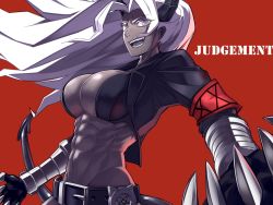 Rule 34 | 1girl, :d, abs, armband, bad id, bad pixiv id, belt, black belt, black horns, black jacket, breasts, character name, clawed gauntlets, cleavage, colored skin, commentary, cowboy shot, cropped jacket, dark-skinned female, dark skin, demon girl, demon horns, demon tail, floating hair, from side, gauntlets, grey skin, groin, helltaker, horns, jacket, judgement (helltaker), large breasts, long hair, looking at viewer, midriff, muscular, muscular female, navel, open clothes, open jacket, open mouth, parted bangs, red background, revision, sharp teeth, simple background, smile, solo, standing, tail, teeth, ub1mo, white eyes, white hair