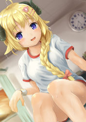 Rule 34 | 1girl, :d, absurdres, animal ears, blonde hair, blurry, blurry background, blush, bow, braid, breasts, clock, commentary request, curled horns, depth of field, dutch angle, feet out of frame, gym shirt, gym shorts, gym uniform, hair bow, hair over shoulder, highres, hololive, horns, indoors, long hair, looking at viewer, medium breasts, ohiensis, open mouth, pink bow, purple eyes, red shorts, sheep ears, sheep girl, sheep horns, shirt, short shorts, short sleeves, shorts, single braid, sitting, smile, solo, sweat, tsunomaki watame, very long hair, virtual youtuber, wall clock, wristband