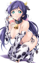 Rule 34 | 1girl, absurdres, animal ears, animal print, bell, bikini, black collar, bottle, breasts, collar, cow horns, cow print, cow print bikini, cow tail, cowbell, elbow gloves, fake animal ears, fake horns, fingerless gloves, full body, gloves, green eyes, grin, hair ornament, hair scrunchie, hairband, hand up, highres, holding, holding bottle, horns, kirisaki reina, kneeling, large breasts, looking at viewer, love live!, love live! school idol project, low twintails, milk bottle, navel, neck bell, no shoes, print bikini, print gloves, print thighhighs, purple hair, scrunchie, smile, solo, stomach, swimsuit, tail, thighhighs, tojo nozomi, twintails