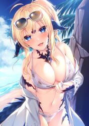 Rule 34 | 1girl, :d, au ra, beach, bikini, blonde hair, blue eyes, blue sky, breasts, cleavage, cloud, cloudy sky, commission, day, eyewear on head, final fantasy, final fantasy xiv, hair between eyes, horns, jacket, large breasts, ocean, off shoulder, open clothes, open jacket, open mouth, outdoors, palm tree, ponytail, sand, scales, skeb commission, sky, smile, solo, sorai shin&#039;ya, sunglasses, swimsuit, tree, water, white-framed eyewear, white bikini, white jacket