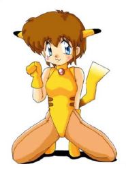 Rule 34 | 1girl, 3:, animal costume, animal ears, artist request, blue eyes, blush, brown hair, closed mouth, cosplay, creatures (company), full body, game freak, gen 1 pokemon, gloves, kneeling, looking at viewer, lowres, nintendo, pikachu, pikachu ears, pikachu tail, pokemon, pokemon ears, pokemon tail, short hair, simple background, smile, solo, source request, tail, white background