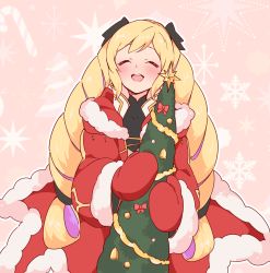 Rule 34 | 1girl, black bow, blonde hair, blush, bow, christmas tree, closed eyes, cosplay, elise (fire emblem), fire emblem, fire emblem awakening, fire emblem fates, fire emblem heroes, fur trim, hair bow, highres, hood, hood down, konagona, long hair, long sleeves, mittens, multicolored hair, nintendo, open mouth, purple hair, red mittens, robin (fire emblem), robin (male) (fire emblem), robin (male) (winter) (fire emblem), santa costume, solo, twintails