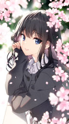 Rule 34 | 1girl, black hair, black shirt, blue eyes, blurry, blurry background, cherry blossoms, closed mouth, collared shirt, dress shirt, flower, hand on own face, hand up, highres, leaning forward, long hair, long sleeves, looking at viewer, nardack, original, outdoors, petals, pink flower, shirt, smile, solo, standing, white shirt