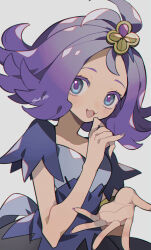 Rule 34 | 1girl, acerola (pokemon), creatures (company), dress, flipped hair, game freak, hair ornament, highres, kawasaki (kwsk 8765), looking at viewer, medium hair, multicolored clothes, multicolored dress, nintendo, open mouth, pokemon, pokemon sm, purple eyes, purple hair, short sleeves, simple background, smile, solo, topknot, twitter username