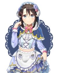 Rule 34 | 1girl, apron, bang dream!, black hair, blue capelet, blue dress, blue flower, blue rose, bow, bowtie, capelet, center frills, cross-laced clothes, doily, dress, flower, frilled apron, frilled capelet, frills, fur-trimmed capelet, fur trim, grey eyes, hair flower, hair ornament, hairband, hairclip, harusawa, horns, lolita hairband, long hair, long sleeves, looking at viewer, medium hair, okusawa misaki, outline, pink bow, pink bowtie, pink flower, pink rose, pom pom (clothes), red flower, red rose, rose, sheep horns, skirt hold, smile, solo, star (symbol), striped clothes, striped dress, waist apron, white apron, white outline