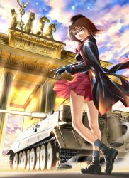 Rule 34 | 10s, 1girl, adjusting clothes, adjusting gloves, ankle boots, arch, boots, brandenburg gate, brown eyes, brown hair, caterpillar tracks, cloud, cross, emblem, garrison cap, germany, girls und panzer, gloves, hat, highres, iron cross, jacket, jacket on shoulders, landmark, looking at viewer, looking back, military, military vehicle, motor vehicle, nishizumi maho, pleated skirt, short hair, skirt, sky, solo, star (sky), statue, sunlight, tank, tiger i, toshi (pixiv6514), uniform, vehicle, wehrmacht