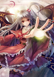 Rule 34 | 1girl, aiming, aiming at viewer, backlighting, belt, capelet, clothes lift, demon wings, dress, dress lift, energy ball, foreshortening, frilled dress, frilled sleeves, frills, frown, garter straps, hair bobbles, hair ornament, highres, lace, lace-trimmed legwear, lace trim, long hair, red dress, red eyes, red pupils, ribbon, serious, shinki (touhou), side ponytail, signature, silver hair, solo, thighhighs, thighs, touhou, touhou (pc-98), turtleneck, very long hair, watermark, wings, xiaoyin li
