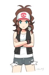 Rule 34 | 1boy, 1girl, antenna hair, baseball cap, black vest, brown hair, chibi, closed mouth, commentary request, cowboy shot, creatures (company), crossed arms, eyelashes, game freak, green eyes, grey shorts, hat, high ponytail, hilda (pokemon), looking at viewer, n (pokemon), nintendo, pokemon, pokemon bw, shirt, short shorts, shorts, sidelocks, signature, simple background, vest, white background, white shirt, wristband, y (036 yng)