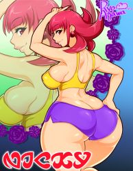 Rule 34 | 1girl, agawa ryou, artist name, ass, bare shoulders, breasts, butt crack, curvy, earrings, female focus, from behind, huge ass, jewelry, large breasts, lips, looking back, nail polish, red eyes, red hair, shorts, solo, standing, tank top, thick thighs, thighs, wide hips