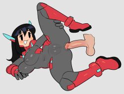 Rule 34 | :d, ass, asta rindo (rariatto), black hair, bodysuit, boots, borrowed character, breasts, highres, imminent anal, imminent penetration, large breasts, leg up, long hair, navel, noill, open mouth, original, penis, pussy, simple background, smile, spread legs, white background