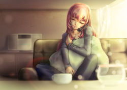 Rule 34 | 1girl, casual, cup, head tilt, highres, holding, holding own hair, hugging object, indoors, lens flare, megurine luka, museum2088, phone, pillow, pillow hug, pink hair, sitting, smile, solo, vocaloid