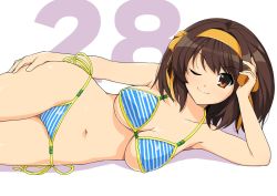 Rule 34 | 1girl, arm support, bare arms, bare shoulders, bikini, breasts, brown eyes, brown hair, cleavage, commentary request, hair ribbon, hairband, haruhisky, large breasts, lying, medium hair, navel, on side, one eye closed, ribbon, smile, solo, striped bikini, striped clothes, suzumiya haruhi, suzumiya haruhi no yuuutsu, swimsuit, yellow hairband, yellow ribbon