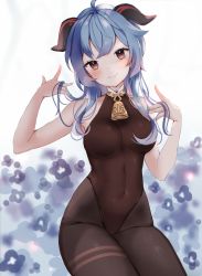 Rule 34 | ahoge, anyuu, bare arms, bare shoulders, bell, black bodysuit, black pantyhose, blue hair, blush, bodysuit, breasts, commentary, covered navel, cowbell, floral background, ganyu (genshin impact), genshin impact, goat horns, groin, hand in own hair, head tilt, highleg, highleg leotard, highres, horns, leotard, long hair, looking at viewer, medium breasts, pantyhose, purple eyes, skin tight, smile, solo, thighs