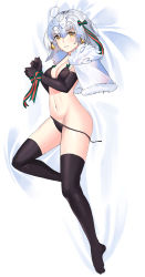 Rule 34 | 1girl, ahoge, bed sheet, bell, beudyek, black bra, black gloves, black panties, black thighhighs, blush, bound, bound wrists, bow, bra, breasts, brown eyes, capelet, cleavage, clenched teeth, commentary, cosplay, dakimakura (medium), elbow gloves, english commentary, fate/grand order, fate (series), full body, fur-trimmed capelet, fur trim, gloves, green bow, green ribbon, hair bow, headpiece, highres, jeanne d&#039;arc (fate), jeanne d&#039;arc alter (avenger) (fate), jeanne d&#039;arc alter (fate), jeanne d&#039;arc alter santa lily (fate), jeanne d&#039;arc alter santa lily (fate) (cosplay), looking at viewer, lying, medium breasts, navel, no shoes, on side, panties, ribbon, short hair, side-tie panties, silver hair, solo, striped bow, striped ribbon, teeth, thighhighs, underwear, underwear only, untied panties, v-shaped eyebrows, white capelet