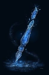 Rule 34 | artist name, black background, blue theme, breaking, cocon (cocon q), glint, highres, light particles, no humans, original, paintbrush, signature, simple background, still life, twitter username, water drop