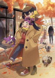 2boys 2girls backpack bag beret black_hair black_hoodie black_pants blonde_hair brother_and_sister brown_coat building carmine_(pokemon) chair closed_eyes coat creatures_(company) day game_freak gen_5_pokemon gladion_(pokemon) hands_in_pockets hat high_heels highres hood hoodie kieran_(pokemon) leaf lillie_(pokemon) long_hair long_sleeves misdbiglove mole mole_under_eye multiple_boys multiple_girls nintendo open_mouth outdoors pants pidove pokemon pokemon_(creature) pokemon_sm pokemon_sv ponytail purple_hair purrloin red_hair red_hat red_hoodie scarf shared_clothes shared_coat shoes siblings sneakers suitcase table tree yellow_eyes yellow_scarf