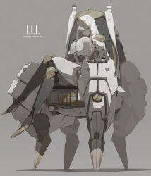 Rule 34 | 1girl, android, armor, bare shoulders, breasts, capelet, crossed legs, grey hair, hair over one eye, high heels, highres, hood, hood up, hooded capelet, joints, large breasts, long hair, looking at viewer, original, pauldrons, robot girl, robot joints, shoulder armor, sitting, solo, tabard, throne, ub1mo, white capelet, yellow eyes
