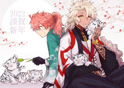 2022 2boys alternate_costume animal animal_on_shoulder arm_support arm_tattoo black_gloves blush braid branch brown_nails cat_teaser checkered_clothes chinese_clothes chinese_zodiac closed_mouth cloud_print curtained_hair dark-skinned_male dark_skin daxiushan fate/grand_order fate_(series) flower_knot gloves green_eyes hair_over_shoulder hand_tattoo hanfu highres holding holding_animal holding_cat_teaser indian_style jewelry jiaoling_ruqun kak_hac leaning_forward long_hair long_sleeves looking_at_animal looking_at_viewer male_focus mandarin_collar multiple_boys nail_polish new_year pankou pink_hair ponytail ring romani_archaman shanghai_neckline side_braid simple_background single_braid sitting smile solomon_(fate) sweat tattoo tiger tiger_cub very_long_hair white_background white_hair white_tiger wide_sleeves year_of_the_tiger yellow_eyes