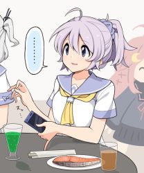 Rule 34 | ..., ahoge, antenna hair, aoba (kancolle), black serafuku, blue eyes, breasts, cellphone, commentary request, crescent, crescent hair ornament, cup, drinking glass, fish, flashing, grey hair, hair ornament, hair tie, kantai collection, kinugasa (kancolle), long hair, low-tied long hair, messy hair, neckerchief, oppai challenge, phone, pink hair, pleated skirt, ponytail, red hair, school uniform, scrunchie, serafuku, short hair with long locks, short twintails, skirt, smartphone, solo focus, speech bubble, spoken ellipsis, tsurime, twintails, unadare, uzuki (kancolle)