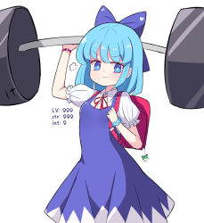 Rule 34 | 1girl, backpack, bag, blue bow, blue dress, blue eyes, bow, bright pupils, cirno, closed mouth, cowboy shot, dress, dumbbell, english text, exercising, hair bow, holding, looking at viewer, neck ribbon, red bag, red ribbon, ribbon, shirt, short hair, short sleeves, simple background, smile, solo, sseopik, standing, touhou, weightlifting, white background, white pupils, white shirt