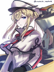 Rule 34 | 10s, 1girl, black gloves, blonde hair, blue eyes, breasts, capelet, commentary request, closed eyes, gloves, graf zeppelin (kancolle), hair between eyes, hair over one eye, hat, jacket, kantai collection, long hair, looking at viewer, machinery, mataichi mataro, necktie, peaked cap, sidelocks, simple background, solo, twintails, twitter username, uniform, upper body, white background
