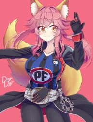 Rule 34 | 1girl, absurdres, animal ear fluff, animal ears, black gloves, blush, breasts, collarbone, drogo doggo, fate/grand order, fate (series), fox ears, fox girl, fox tail, gloves, highres, kamen rider, kamen rider wizard (series), large breasts, long hair, pink background, pink hair, shirt, simple background, smile, solo, split ponytail, tail, tamamo (fate), tamamo no mae (fate/extra), yellow eyes