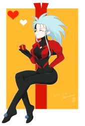 Rule 34 | 1girl, black bodysuit, blue hair, bodysuit, border, box, commentary request, dated, gift, gift box, heart, holding, holding box, long hair, looking at viewer, meyama mamezou, multicolored bodysuit, multicolored clothes, one eye closed, red bodysuit, ryouko (tenchi muyou!), solo, spiked hair, tenchi muyou!, twitter username, white border, yellow eyes