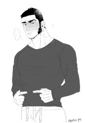 Rule 34 | 1boy, bara, black hair, blush, buzz cut, chest hair, cowboy shot, embarrassed, facial hair, fidgeting, golden kamuy, greyscale, hairy, highres, index fingers together, large pectorals, long sideburns, male focus, mature male, monochrome, muscular, muscular male, nervous, nzo (oishii pie), pants, pectorals, shirt, short hair, sideburns, solo, stubble, sweatdrop, tanigaki genjirou, thick eyebrows, very short hair