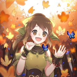 Rule 34 | 1girl, armor, artist name, bad id, bad pixiv id, bare shoulders, bow, bracelet, breastplate, brown eyes, brown hair, bug, butterfly, cape, delthea (fire emblem), fangs, fire emblem, fire emblem echoes: shadows of valentia, highres, bug, jewelry, leaf, long hair, maple leaf, nintendo, open mouth, ponytail, portrait, solo, tcong, tree