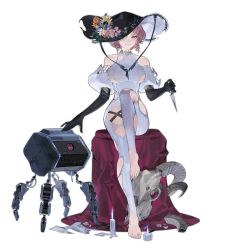 Rule 34 | 1girl, bare shoulders, barefoot, black gloves, black hat, breasts, closed mouth, collarbone, dress, drill hair, drill sidelocks, elbow gloves, feet, flower, full body, girls&#039; frontline, gloves, hair over one eye, halloween, halloween costume, hat, hat flower, holding, holding knife, knee up, knife, lips, looking at viewer, medium breasts, medium hair, mp-443 (girls&#039; frontline), mp-443 (shepherd of the lost) (girls&#039; frontline), official art, pink hair, reeh (yukuri130), sidelocks, sitting, smile, solo, toes, torn clothes, torn dress, torn hat, transparent background, trick or treat, white dress, witch, witch hat, yellow eyes