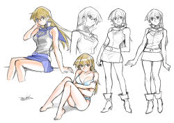 Rule 34 | 203wolves, arm support, bare arms, bare legs, blonde hair, blue sailor collar, blue skirt, bra, breasts, brown eyes, cleavage, closed mouth, collarbone, cropped legs, duel academy uniform (yu-gi-oh! gx), floating hair, full body, grey shirt, hair between eyes, hand in own hair, long hair, looking at viewer, medium breasts, miniskirt, panties, sailor collar, shirt, signature, sitting, sketch, skirt, sleeveless, sleeveless shirt, standing, straight hair, tenjouin asuka, underwear, underwear only, very long hair, white background, white bra, white panties, yu-gi-oh!, yu-gi-oh! gx