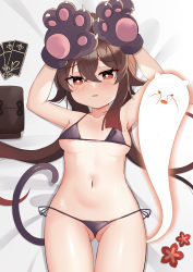 Rule 34 | 1girl, ahoge, animal hands, areola slip, arms up, bare shoulders, bed sheet, bikini, black bikini, blush, breasts, brown hair, card, cat tail, chinese clothes, cleavage, collarbone, commentary request, coupon, embarrassed, from above, genshin impact, ghost, gloves, hair between eyes, highres, hu tao (genshin impact), long hair, looking at viewer, looking up, lucifina 006, lying, micro bikini, midriff, navel, orange eyes, parted lips, paw gloves, side-tie bikini bottom, sidelocks, spaghetti strap, swimsuit, symbol-shaped pupils, tail, twintails, unworn clothes