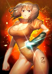 Rule 34 | 10s, 1girl, angry, backlighting, bad id, bad pixiv id, breasts, brown hair, cleavage, clenched hand, clenched hands, contrapposto, copyright name, cowboy shot, diane (nanatsu no taizai), english text, floating hair, frown, gauntlets, glint, grey hair, high collar, highleg, highleg leotard, large breasts, leotard, looking at viewer, nanatsu no taizai, puffy short sleeves, puffy sleeves, purple eyes, short hair, short sleeves, short twintails, solo, standing, tattoo, taut clothes, thighs, toned, twintails, wadani hitonori