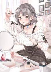 Rule 34 | 1girl, adjusting hair, blush, braid, breasts, collarbone, cutting hair, cutting own hair, french braid, green eyes, harui (hr x9 ), highres, holding, holding scissors, hololive, large breasts, mirror, official alternate costume, scissors, severed hair, shirogane noel, shirogane noel (casual), short hair, silver hair, solo, sweater, virtual youtuber, white sweater