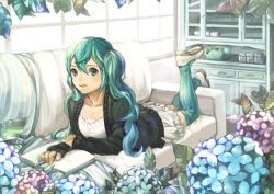 Rule 34 | 1girl, bad id, bad pixiv id, bonbon 00, book, corded phone, couch, green eyes, green hair, hatsune miku, long hair, lying, matching hair/eyes, on stomach, phone, solo, striped clothes, striped thighhighs, thighhighs, vertical-striped clothes, vertical-striped thighhighs, vocaloid