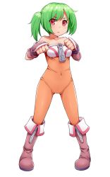 Rule 34 | 1girl, amane hasuhito, bad id, bad pixiv id, bare shoulders, boots, covered navel, full body, green hair, looking at viewer, original, pink footwear, red eyes, short hair, short twintails, solo, standing, tower of infinity, transparent background, twintails, white background