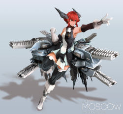 Rule 34 | 1girl, absurdres, black thighhighs, boots, breasts, clenched hand, commentary, detached sleeves, dress, full body, gloves, green eyes, grin, headgear, highres, knee boots, magnetic weapon, mecha musume, mothman (the m0thman), original, quadruple wielding, railgun, red hair, short dress, short hair, sidelocks, small breasts, smile, solo, thighhighs, white gloves, zettai ryouiki