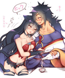 Rule 34 | 1boy, 1girl, alcohol, animal ears, bare shoulders, black hair, blush, breasts, cat ears, cat tail, center opening, cleavage, collarbone, couple, cropped legs, drunk, folks (nabokof), hair over one eye, hug, japanese clothes, kemonomimi mode, leaning on person, long hair, medium breasts, muscular, muscular male, navel, open mouth, orange eyes, rokurou rangetsu, sake, short shorts, shorts, simple background, speech bubble, squeans, strapless, tail, tales of (series), tales of berseria, torn clothes, translation request, velvet crowe, very long hair, yellow eyes