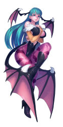 Rule 34 | 1girl, absurdres, animal print, aqua eyes, aqua hair, arm between breasts, bare shoulders, bat print, bat wings, between breasts, boots, breast hold, breasts, bridal gauntlets, capcom, cleavage, clothing cutout, demon girl, elbow gloves, fang, fang out, female focus, fengmo, full body, gloves, green eyes, green hair, head wings, heart, heart cutout, high heel boots, high heels, highres, large breasts, leotard, long hair, looking at viewer, low wings, matching hair/eyes, morrigan aensland, pantyhose, pink lips, print pantyhose, simple background, smile, solo, vampire (game), white background, wings
