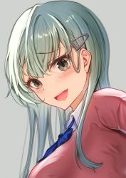 Rule 34 | 1girl, aqua eyes, aqua hair, blue bow, blue bowtie, bow, bowtie, cardigan, close-up, commentary request, hair ornament, hairclip, highres, kantai collection, long hair, looking down, official alternate costume, pink cardigan, school uniform, shirt, solo, suzuya (kancolle), taki rentaro, upper body, white shirt