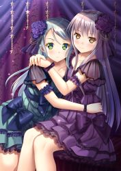Rule 34 | 2girls, bang dream!, blue bow, blush, bow, brown eyes, brown hair, closed mouth, collarbone, commentary request, curtains, dress, flower, glint, green dress, green eyes, green hair, hair flower, hair ornament, hands on another&#039;s shoulder, hikawa sayo, long hair, minato yukina, multiple girls, purple dress, purple flower, purple rose, rose, see-through, smile, star (symbol), toshi (1-147), very long hair