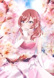 Rule 34 | 10s, 1girl, artist request, bare shoulders, dress, earrings, elbow gloves, female focus, flower, flower earrings, frilled dress, frills, gloves, hair flower, hair ornament, highres, jewelry, looking at viewer, love live!, love live! school idol festival, love live! school idol project, nishikino maki, petals, pink dress, purple eyes, red hair, ribbon, seiza, short hair, sitting, solo, tsurime